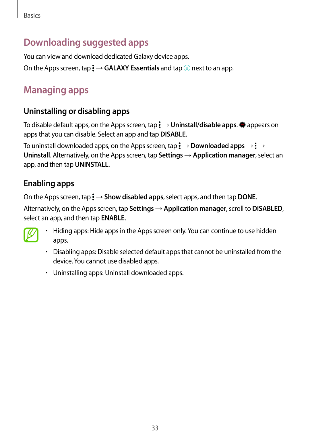 Samsung SM-G900FZWVILO manual Downloading suggested apps, Managing apps, Uninstalling or disabling apps, Enabling apps 