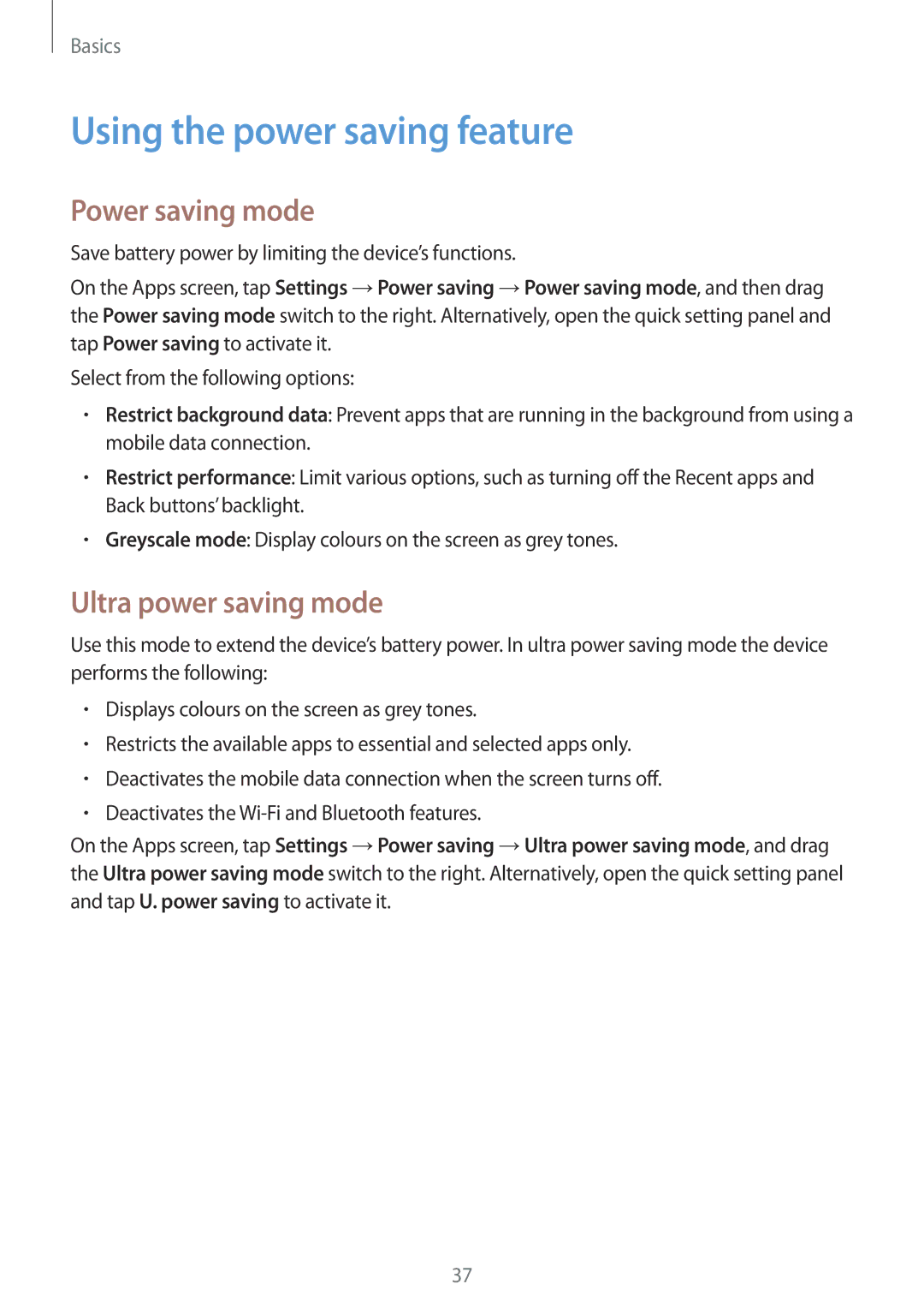 Samsung SM-G900FZWVKSA, SM-G900FZKVKSA manual Using the power saving feature, Power saving mode, Ultra power saving mode 