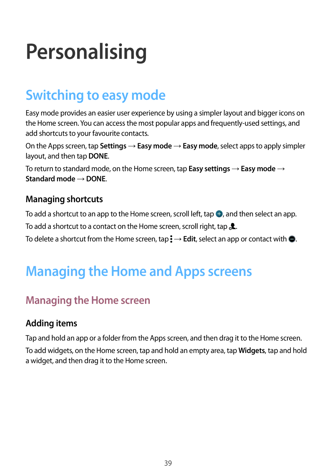 Samsung SM-G900FZWVILO Personalising, Switching to easy mode, Managing the Home and Apps screens, Managing the Home screen 