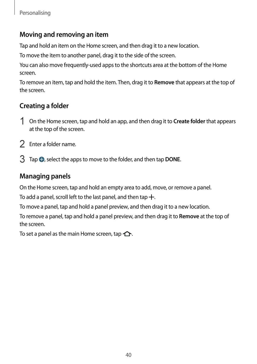 Samsung SM-G900FZKVILO, SM-G900FZKVKSA, SM-G900FZWVKSA manual Moving and removing an item, Creating a folder, Managing panels 