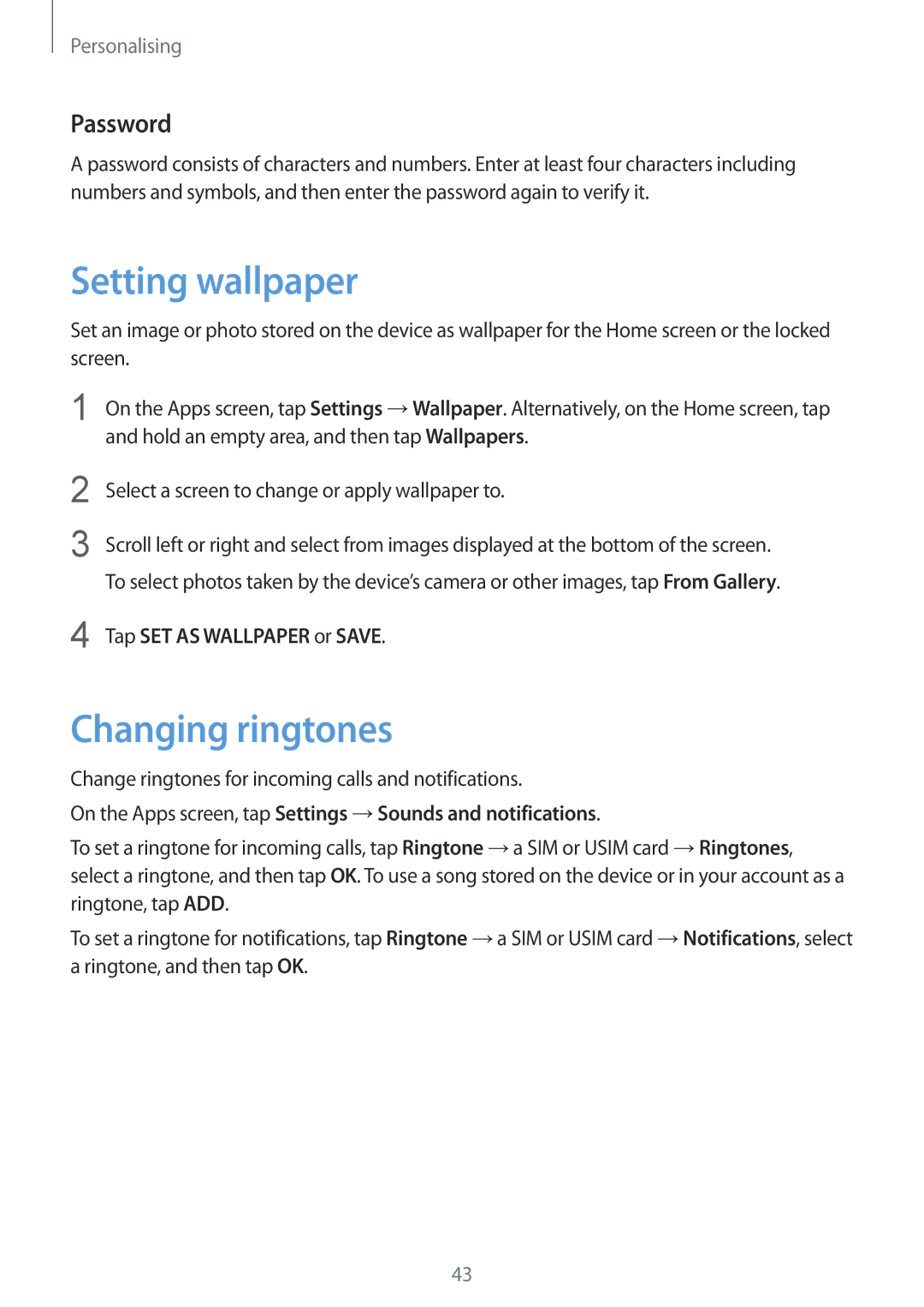Samsung SM-G900FZWVKSA, SM-G900FZKVKSA manual Setting wallpaper, Changing ringtones, Password, Tap SET AS Wallpaper or Save 