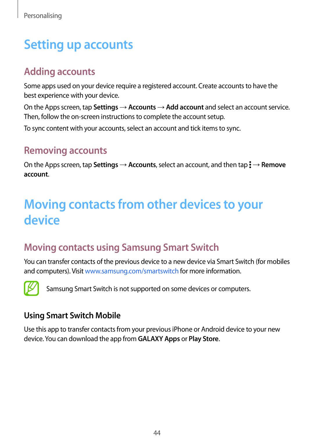 Samsung SM-G900FZDVILO manual Setting up accounts, Moving contacts from other devices to your device, Adding accounts 