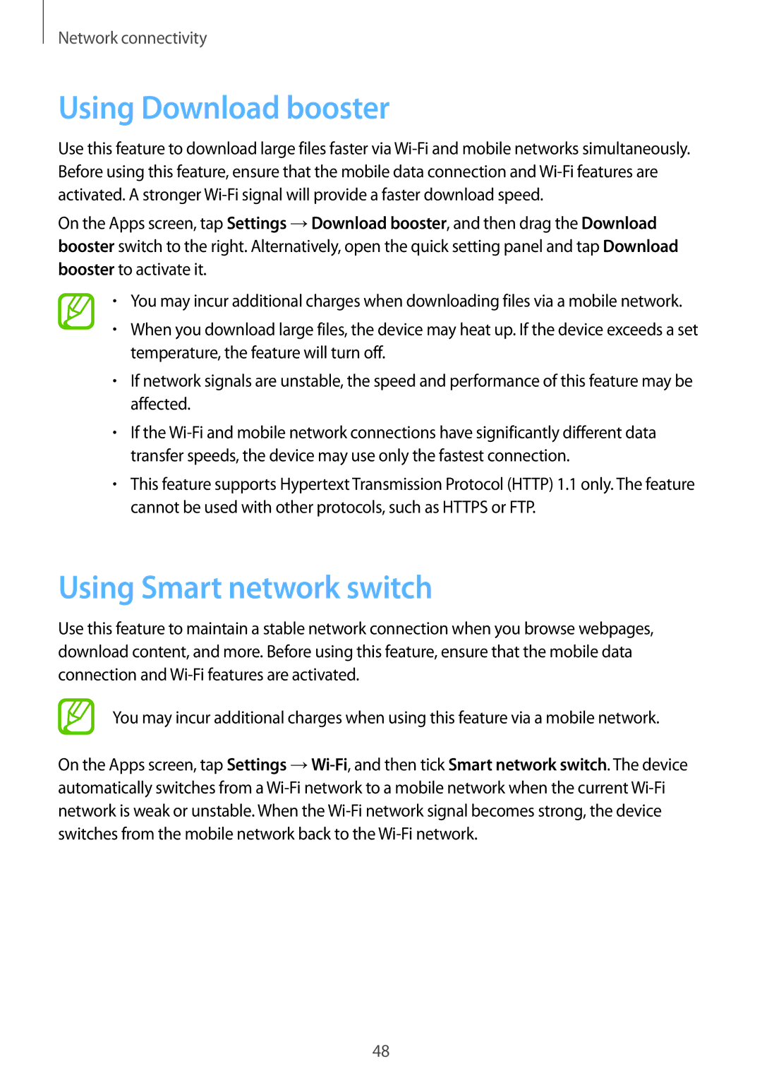 Samsung SM-G900FZKVKSA, SM-G900FZWVKSA, SM-G900FZDVILO, SM-G900FZWVILO Using Download booster, Using Smart network switch 