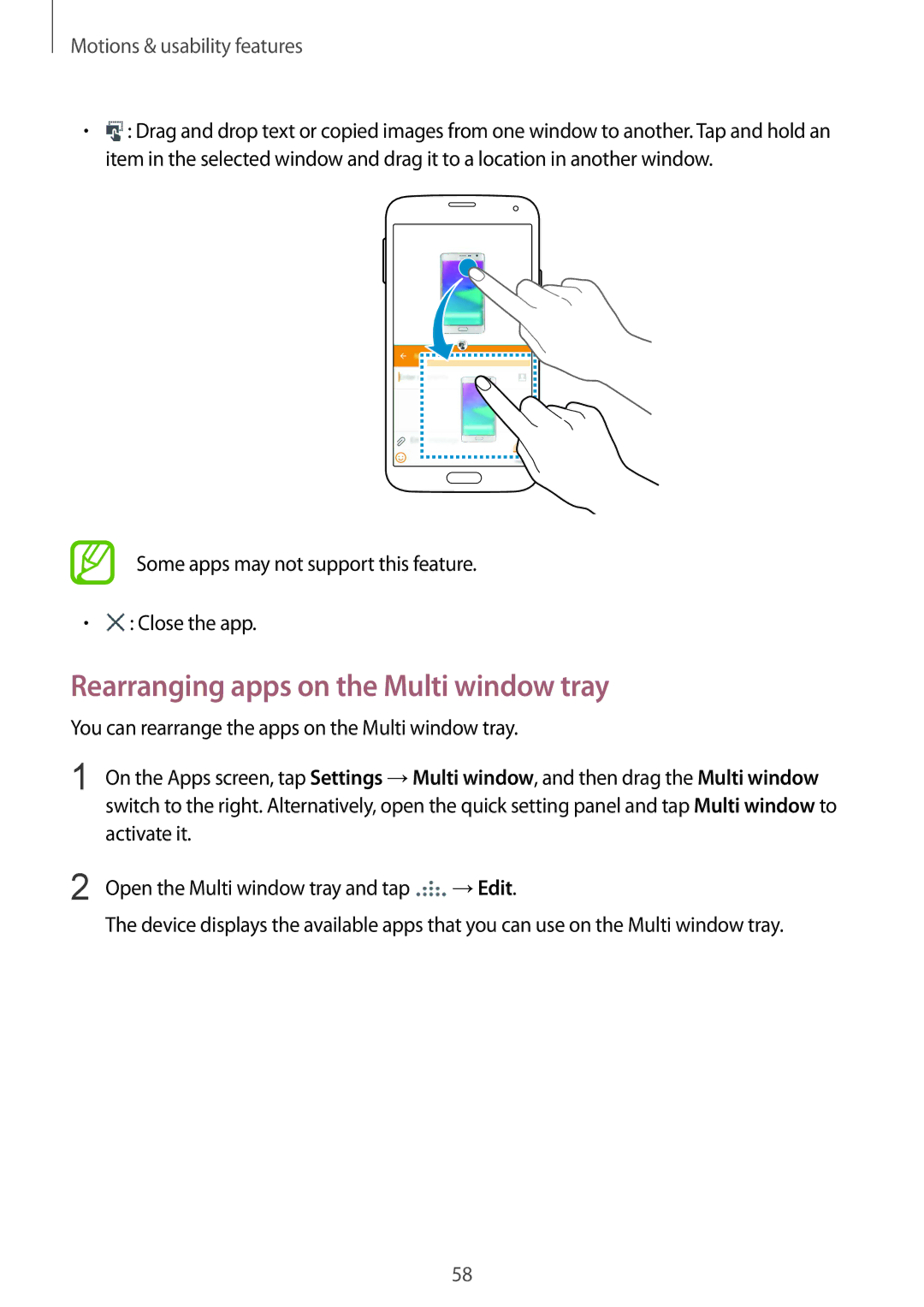 Samsung SM-G900FZKVILO Rearranging apps on the Multi window tray, Some apps may not support this feature Close the app 