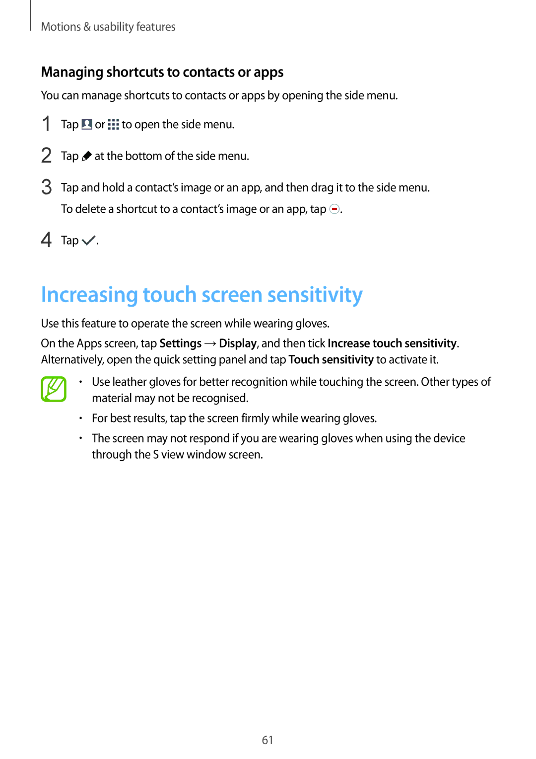 Samsung SM-G900FZWVKSA, SM-G900FZKVKSA manual Increasing touch screen sensitivity, Managing shortcuts to contacts or apps 