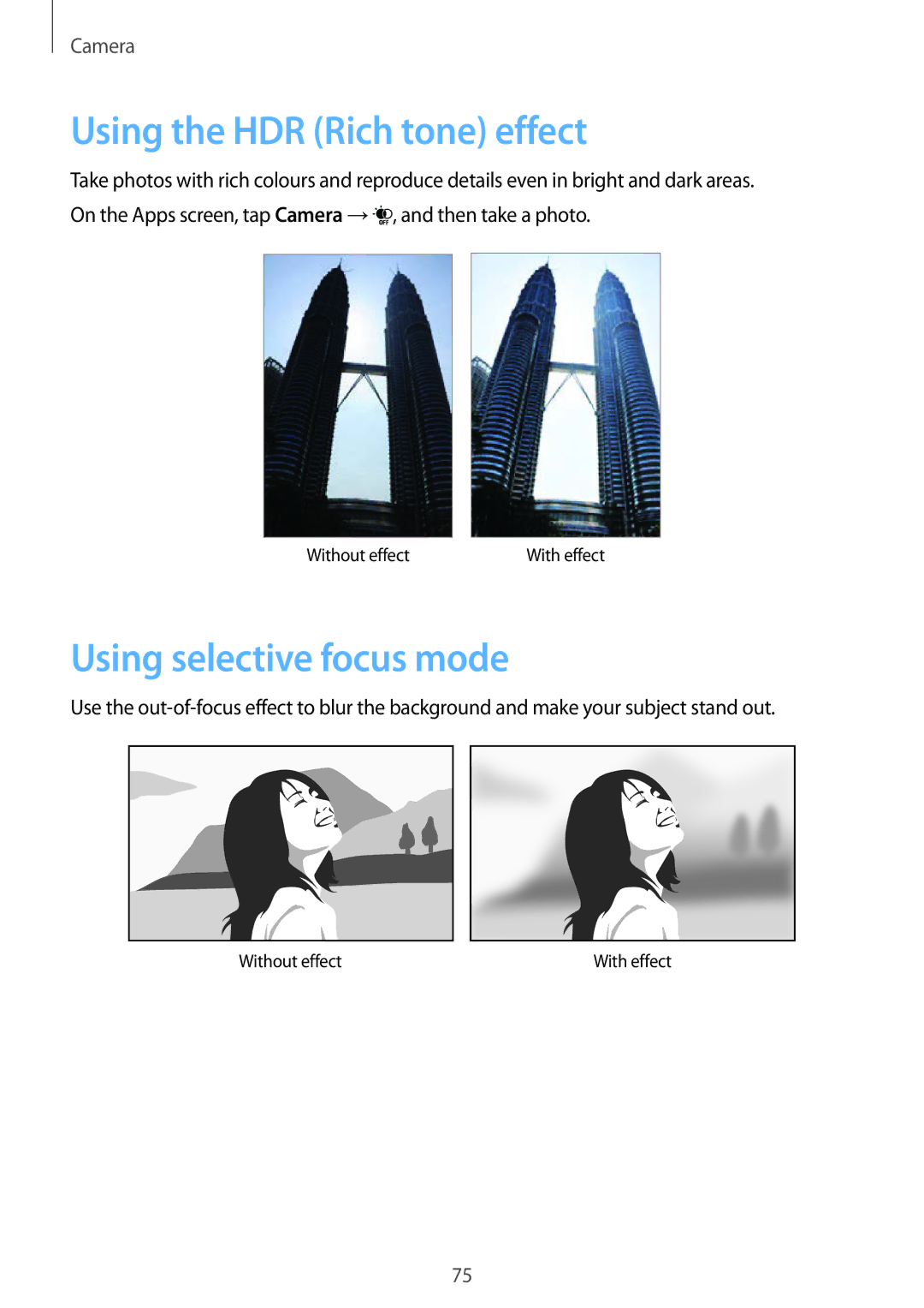 Samsung SM-G900FZWVILO, SM-G900FZKVKSA, SM-G900FZWVKSA manual Using the HDR Rich tone effect, Using selective focus mode 