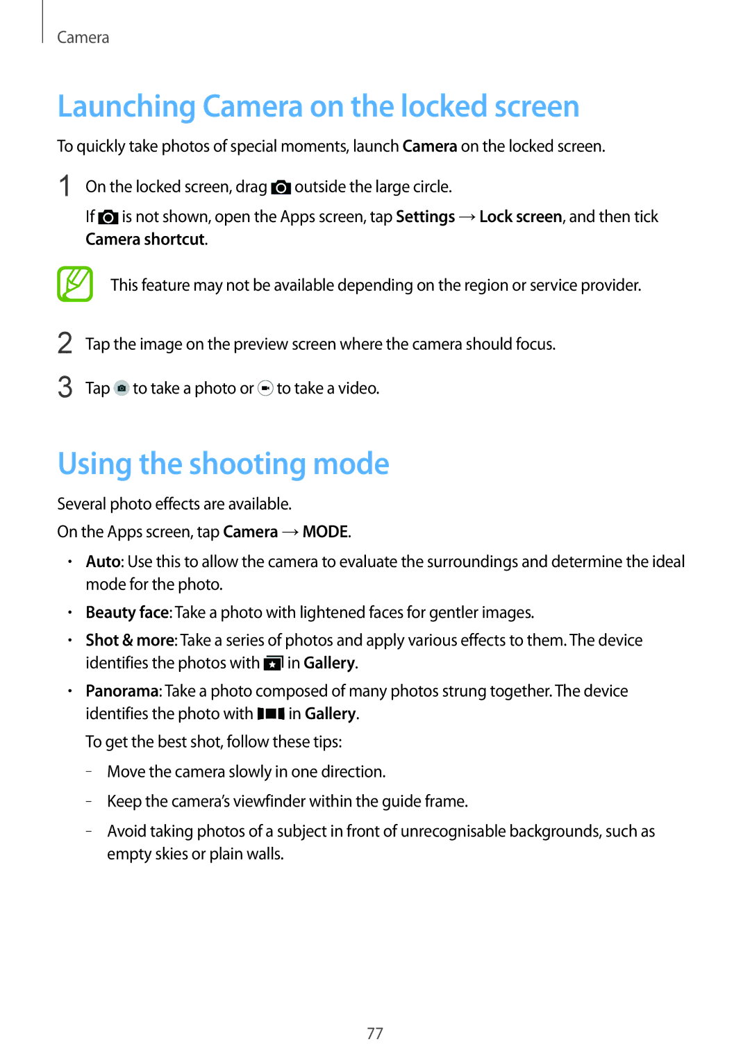 Samsung SM-G900FZBVILO, SM-G900FZKVKSA, SM-G900FZWVKSA manual Launching Camera on the locked screen, Using the shooting mode 