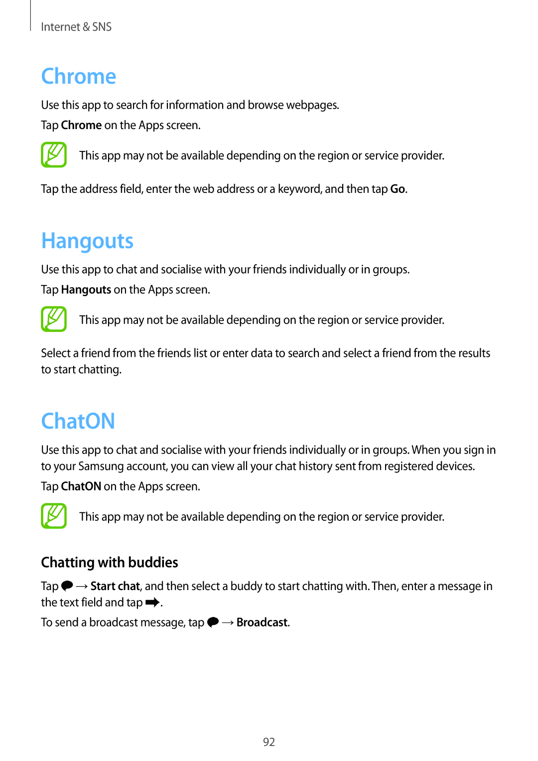 Samsung SM-G900FZDVILO, SM-G900FZKVKSA, SM-G900FZWVKSA, SM-G900FZWVILO manual Chrome, Hangouts, ChatON, Chatting with buddies 