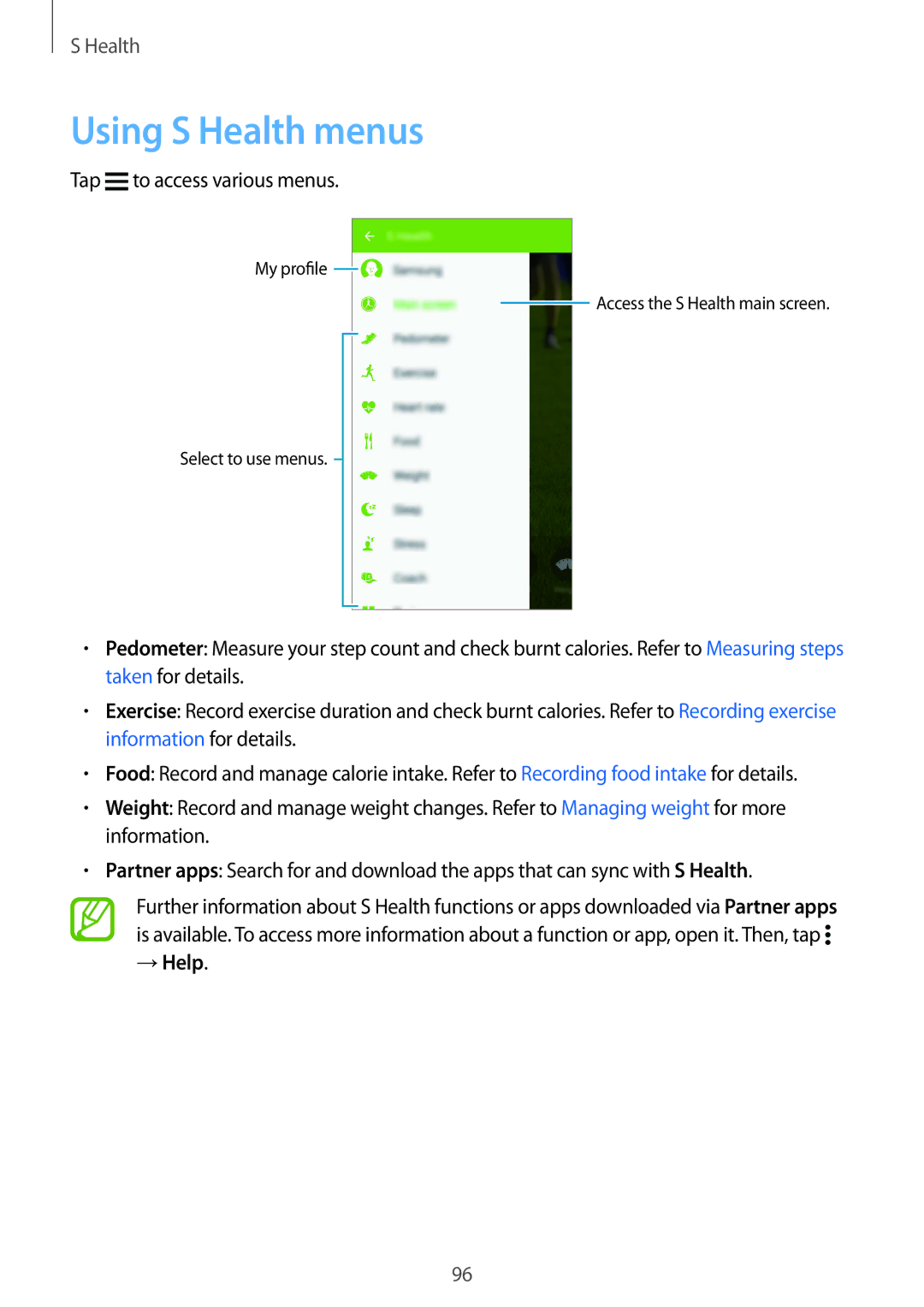 Samsung SM-G900FZKVKSA, SM-G900FZWVKSA, SM-G900FZDVILO manual Using S Health menus, Tap to access various menus, → Help 