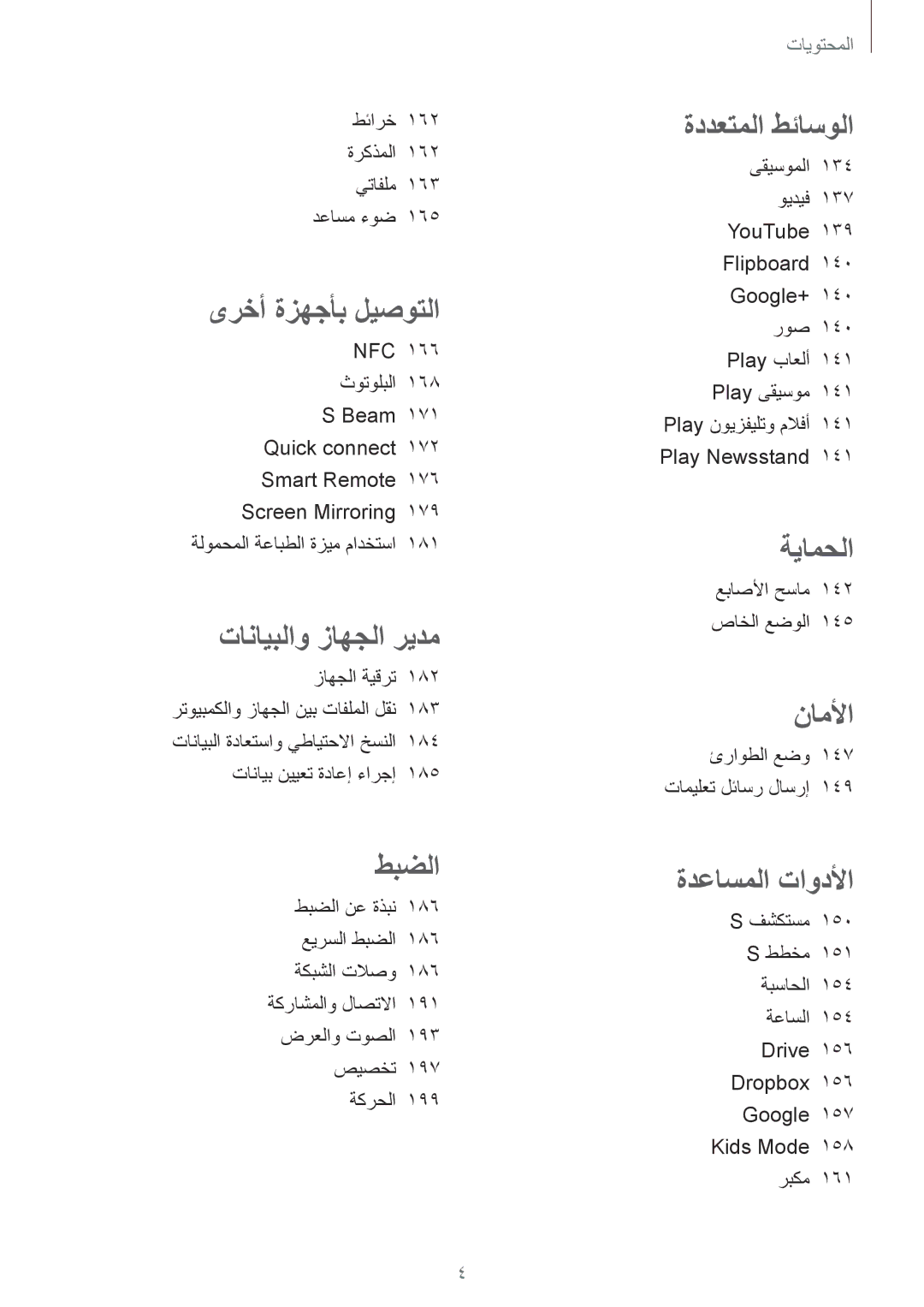 Samsung SM-G900FZKVKSA, SM-G900FZWVKSA manual طئارخ 162 ةركذملا 162 يتافلم 163 دعاسم ءوض, عباصلأا حسام 142 صاخلا عضولا 