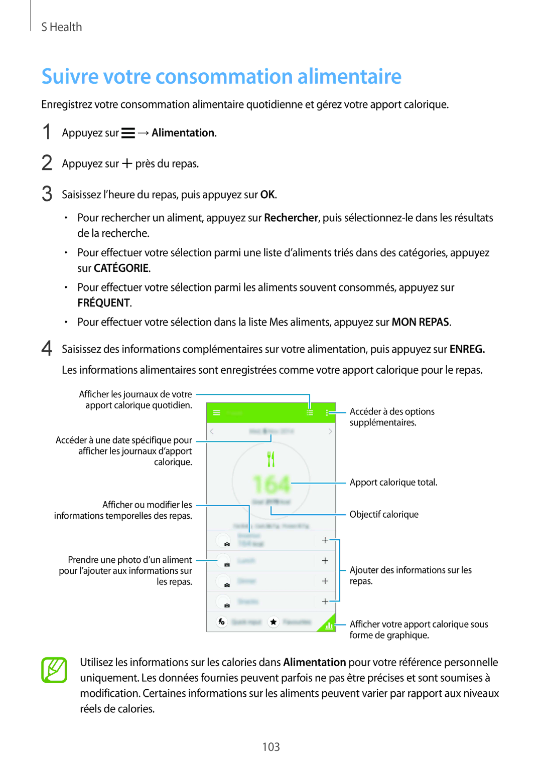 Samsung SM-G900FZDAXEF, SM-G900FZWABOG, SM-G900FZKABOG, SM-G900FZBAXEF manual Suivre votre consommation alimentaire, Fréquent 