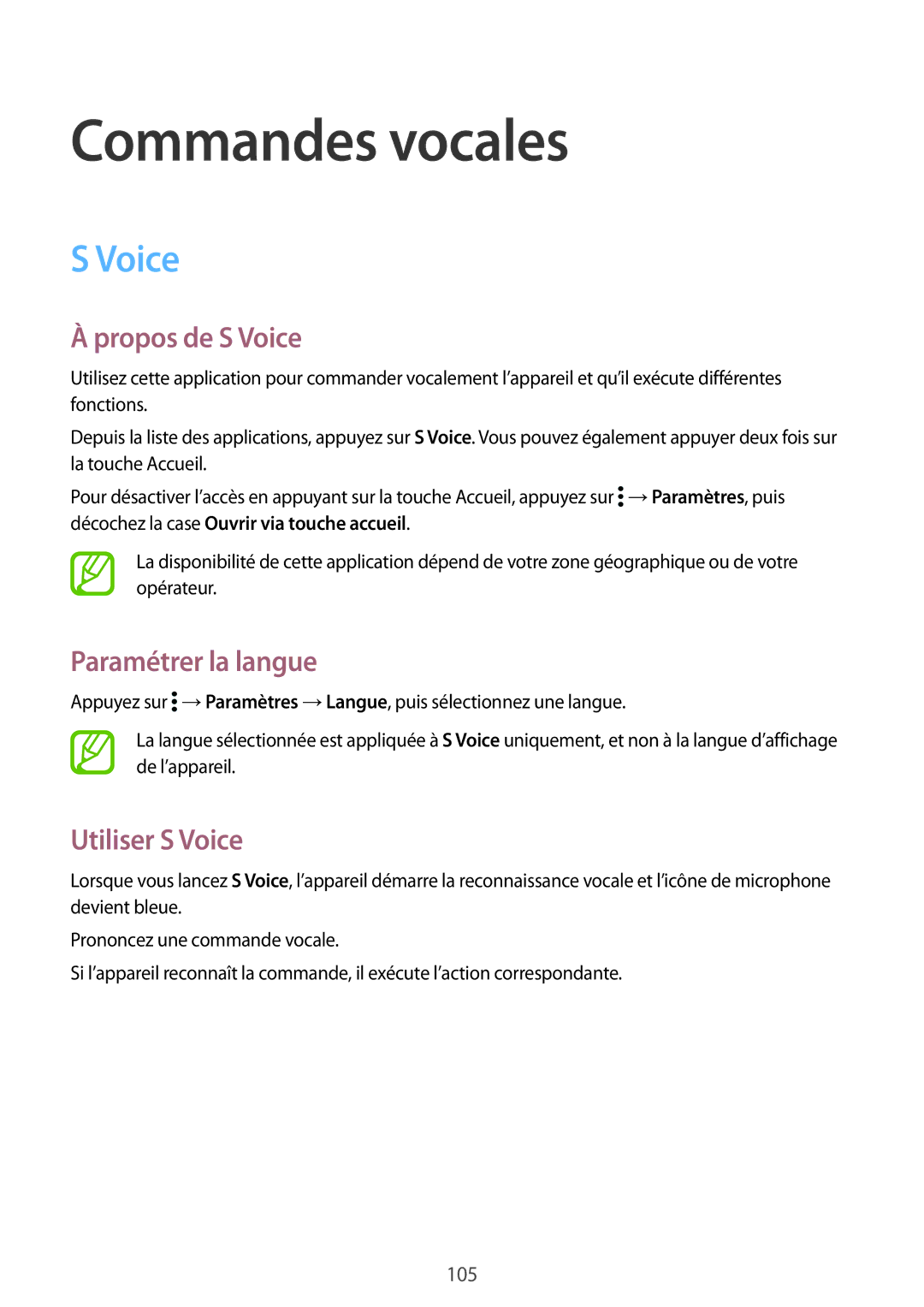 Samsung SM-G900FZWAVGF, SM-G900FZWABOG Commandes vocales, Propos de S Voice, Paramétrer la langue, Utiliser S Voice 