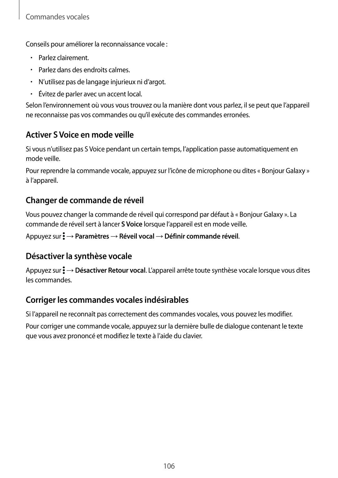 Samsung SM-G900FZWAFTM manual Activer S Voice en mode veille, Changer de commande de réveil, Désactiver la synthèse vocale 