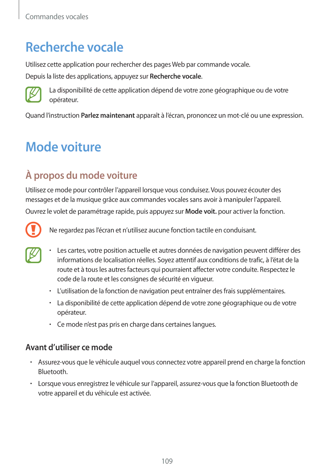 Samsung SM-G900FZKAVGF, SM-G900FZWABOG, SM-G900FZKABOG manual Recherche vocale, Mode voiture, Propos du mode voiture 