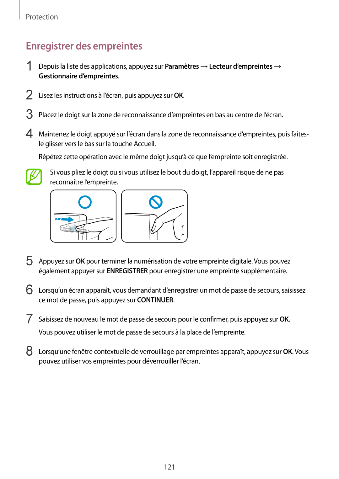Samsung SM-G900FZKAGBL, SM-G900FZWABOG, SM-G900FZKABOG, SM-G900FZBAXEF, SM-G900FZKAFTM manual Enregistrer des empreintes 