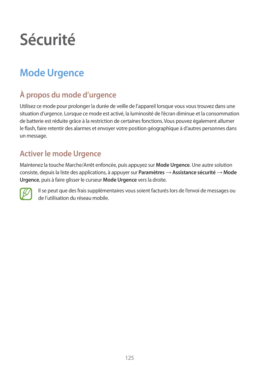 Samsung SM-G900FZDAMTL, SM-G900FZWABOG manual Sécurité, Mode Urgence, Propos du mode d’urgence, Activer le mode Urgence 