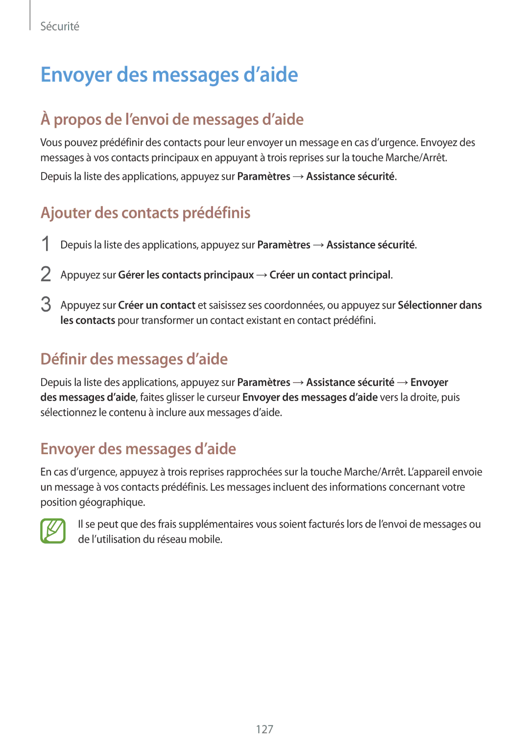 Samsung SM2G900FZKAMTL Envoyer des messages d’aide, Propos de l’envoi de messages d’aide, Ajouter des contacts prédéfinis 