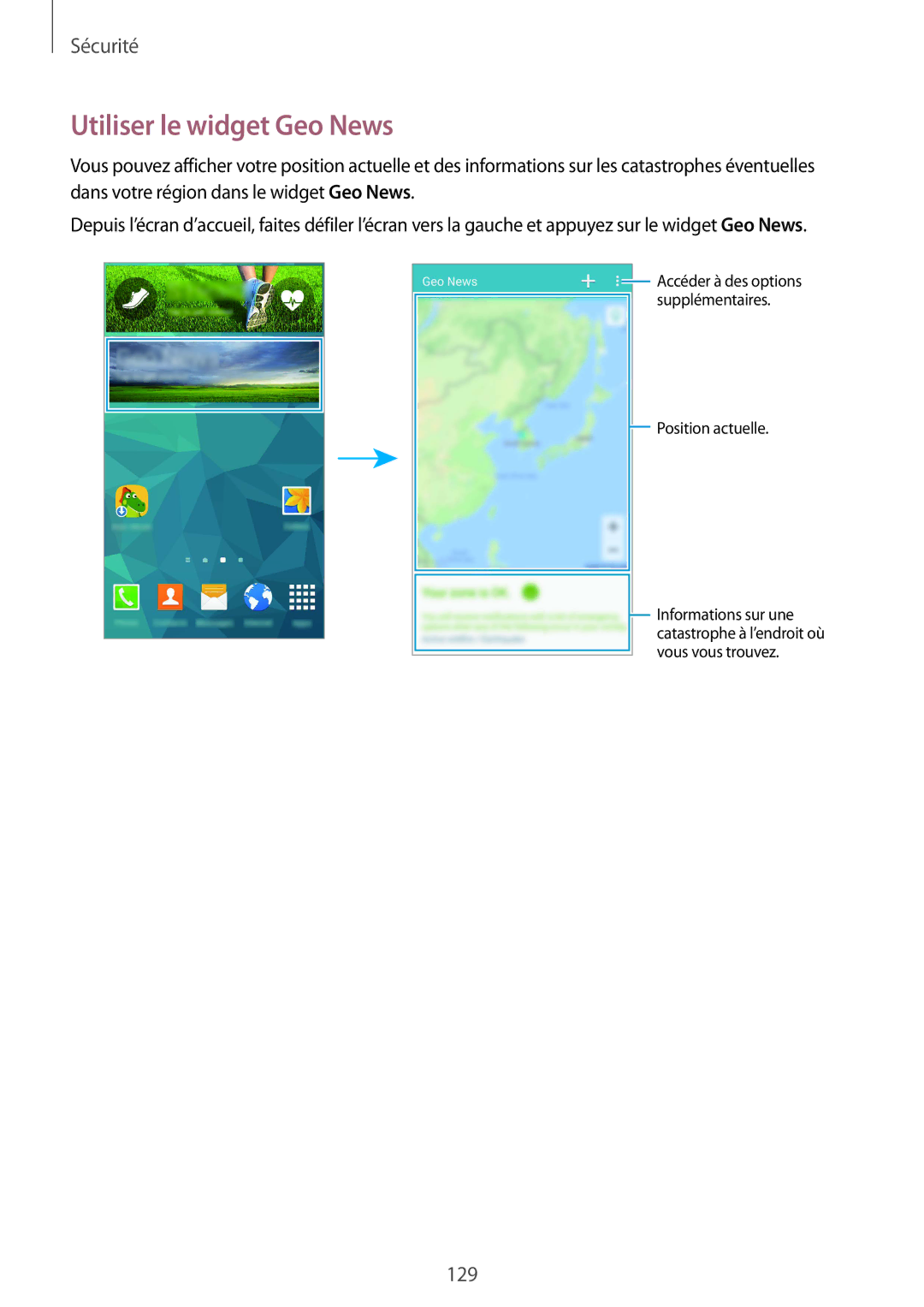 Samsung SM-G900FZWAMTL, SM-G900FZWABOG, SM-G900FZKABOG, SM-G900FZBAXEF, SM-G900FZKAFTM manual Utiliser le widget Geo News 