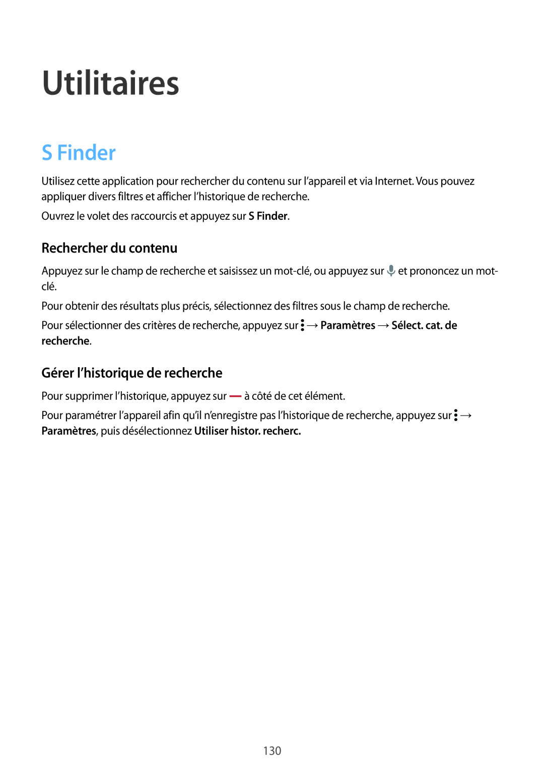 Samsung SM-G900FZKAVVT, SM-G900FZWABOG manual Utilitaires, Finder, Rechercher du contenu, Gérer l’historique de recherche 