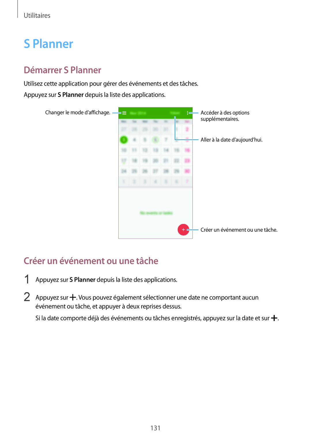 Samsung SM-G900FZKAMTL, SM-G900FZWABOG, SM-G900FZKABOG manual Démarrer S Planner, Créer un événement ou une tâche 
