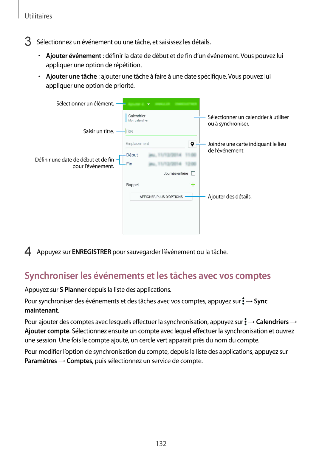 Samsung SM2G900FZDAVVT, SM-G900FZWABOG, SM-G900FZKABOG manual Synchroniser les événements et les tâches avec vos comptes 