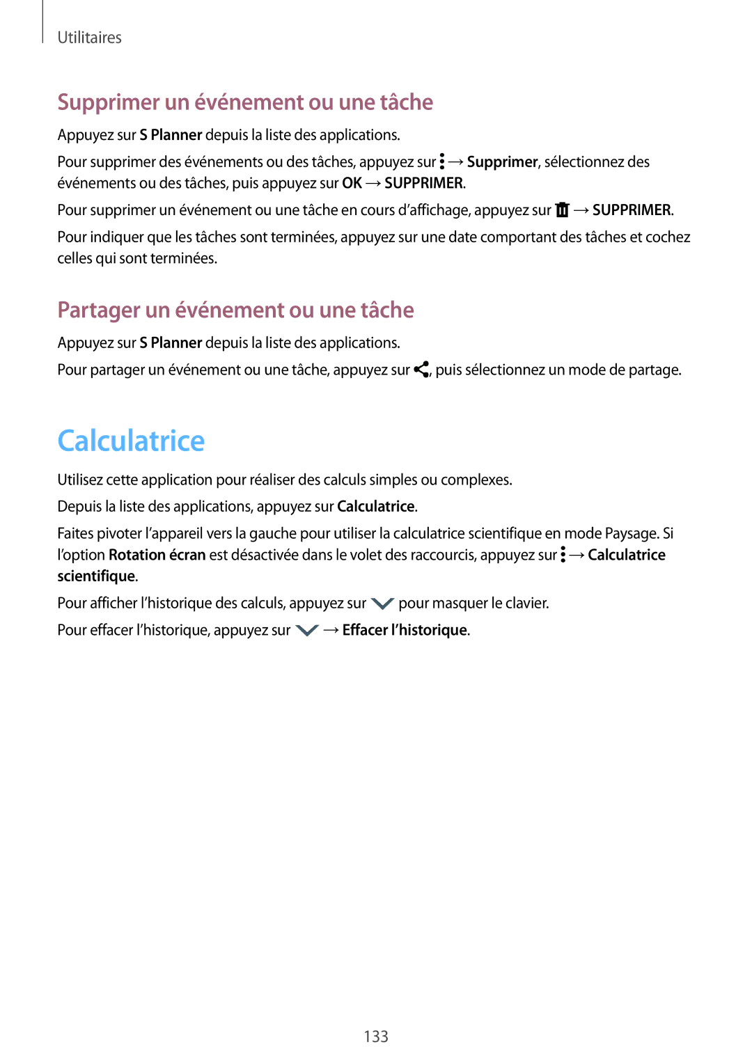 Samsung SM-G900FZKABGL manual Calculatrice, Supprimer un événement ou une tâche, Partager un événement ou une tâche 