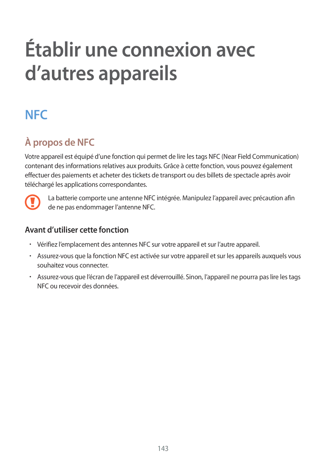 Samsung SM2G900FZWAGBL, SM-G900FZWABOG, SM-G900FZKABOG manual Établir une connexion avec d’autres appareils, Propos de NFC 