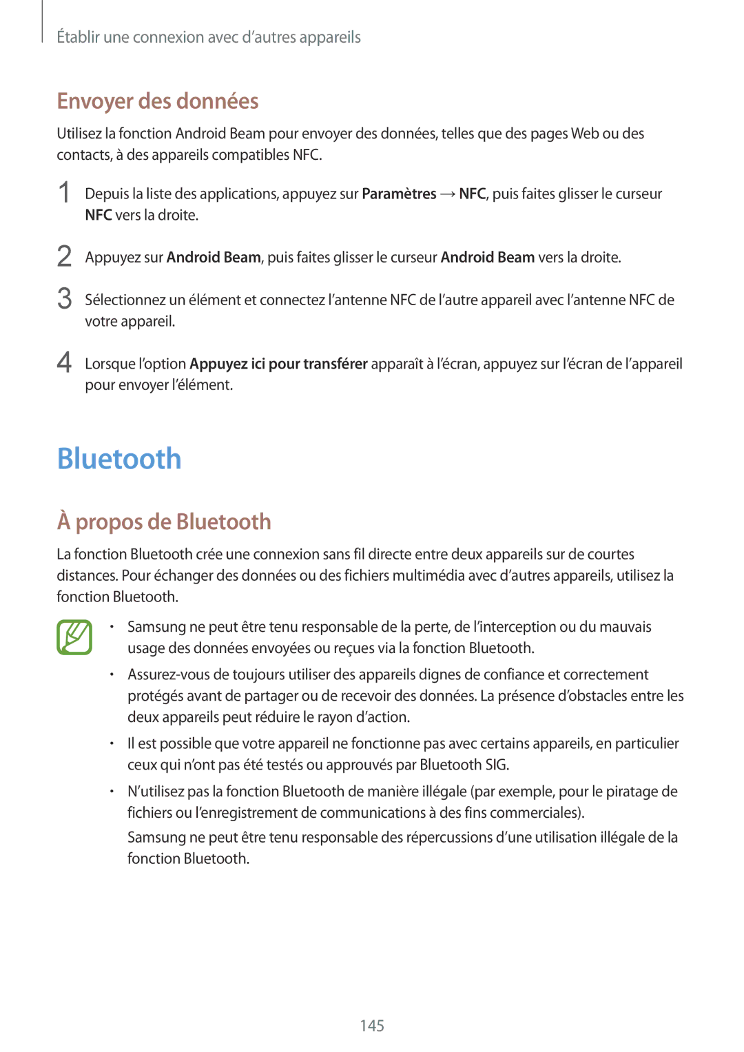 Samsung SM-G900FZKABOG, SM-G900FZWABOG, SM-G900FZBAXEF, SM-G900FZKAFTM manual Envoyer des données, Propos de Bluetooth 