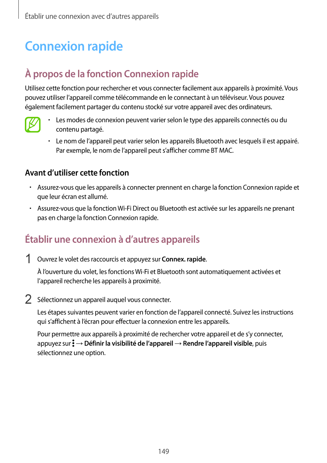 Samsung SM-G900FZBASFR manual Propos de la fonction Connexion rapide, Établir une connexion à d’autres appareils 