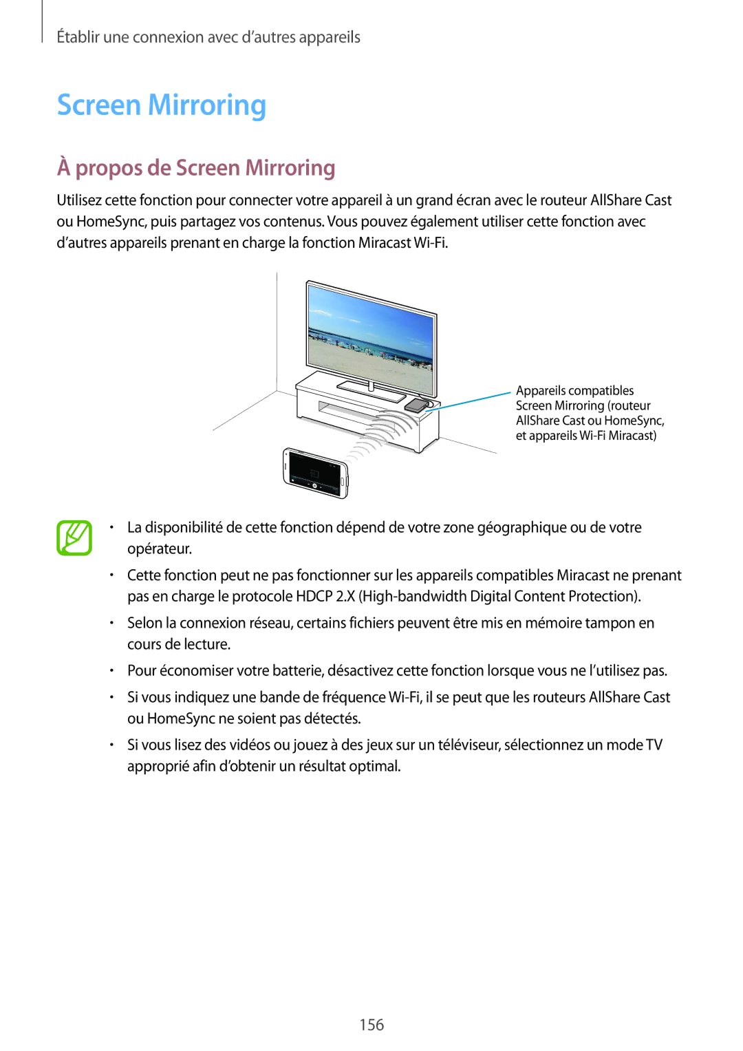 Samsung SM-G900FZWASFR, SM-G900FZWABOG, SM-G900FZKABOG, SM-G900FZBAXEF, SM-G900FZKAFTM manual Propos de Screen Mirroring 