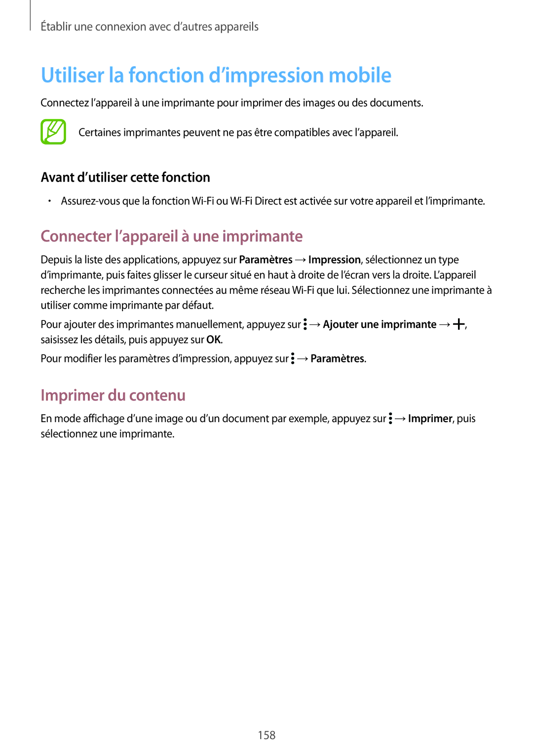 Samsung SM-G900FZKASFR, SM-G900FZWABOG Utiliser la fonction d’impression mobile, Connecter l’appareil à une imprimante 