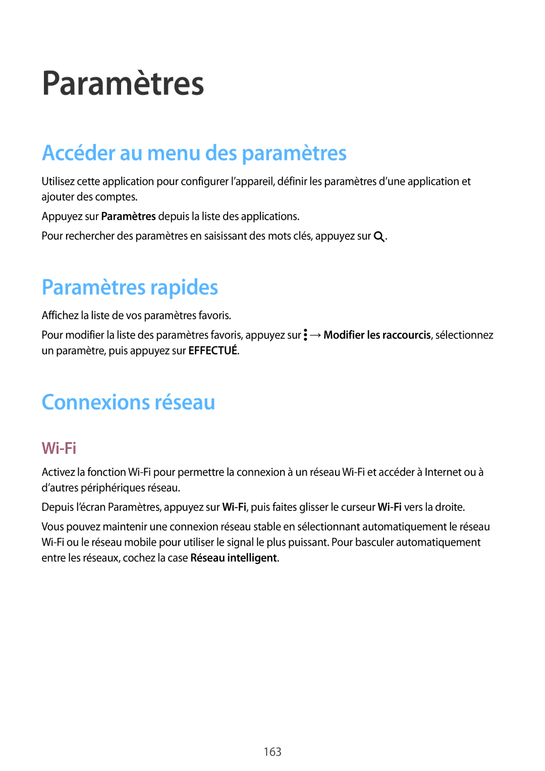 Samsung SM-G900FZBABOG, SM-G900FZWABOG Accéder au menu des paramètres, Paramètres rapides, Connexions réseau, Wi-Fi 