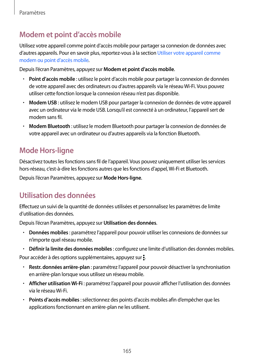 Samsung SM2G900FZBAGBL, SM-G900FZWABOG manual Modem et point d’accès mobile, Mode Hors-ligne, Utilisation des données 