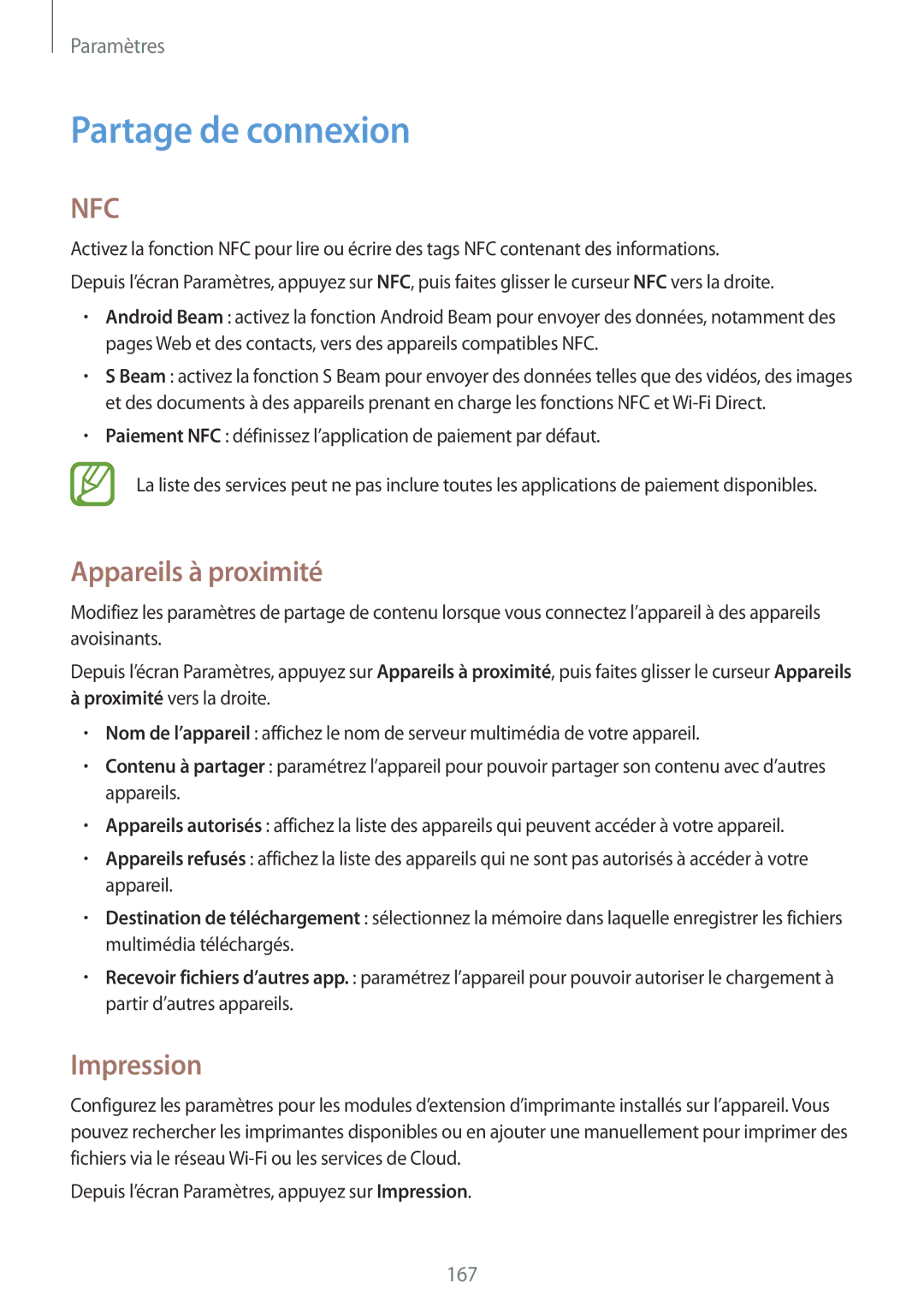 Samsung SM2G900FZKABGL, SM-G900FZWABOG, SM-G900FZKABOG manual Partage de connexion, Appareils à proximité, Impression 