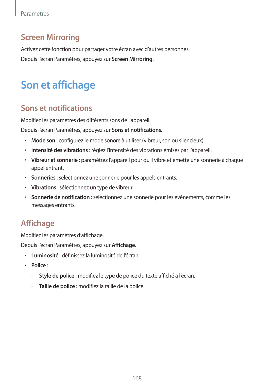 Samsung SM2G900FZDAMTL, SM-G900FZWABOG manual Son et affichage, Screen Mirroring, Sons et notifications, Affichage, Police 