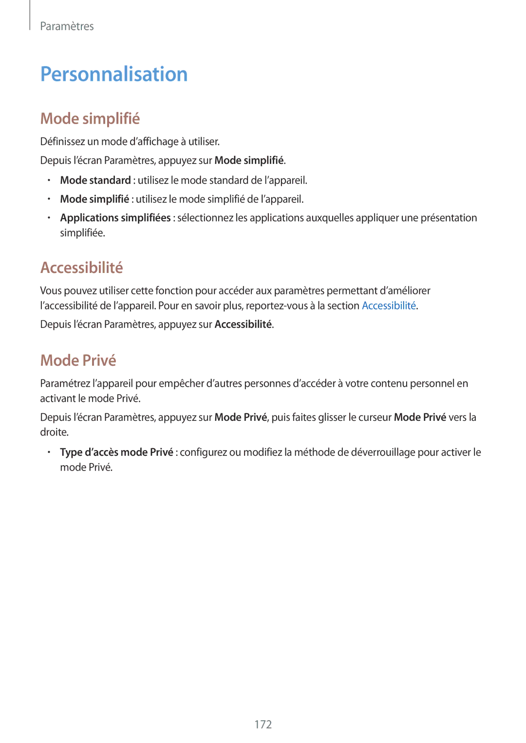 Samsung SM-G900FZWABGL, SM-G900FZWABOG, SM-G900FZKABOG manual Personnalisation, Mode simplifié, Accessibilité, Mode Privé 