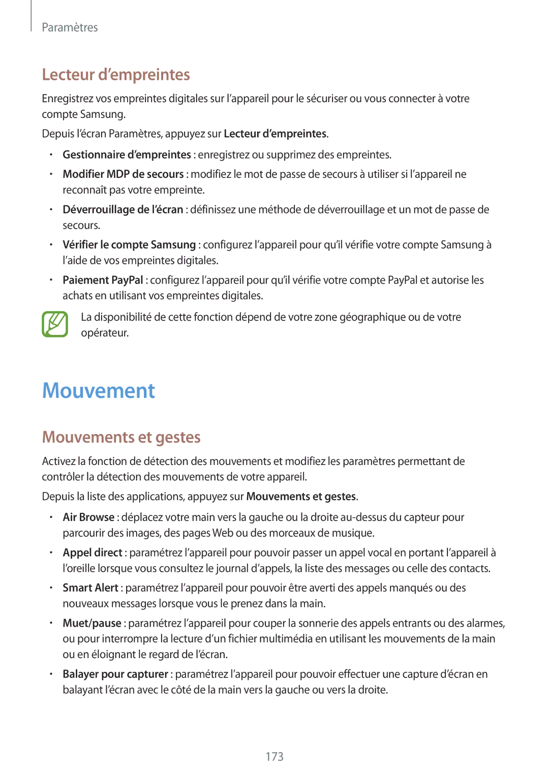Samsung SM-G900FZDAMTL, SM-G900FZWABOG, SM-G900FZKABOG, SM-G900FZBAXEF manual Lecteur d’empreintes, Mouvements et gestes 
