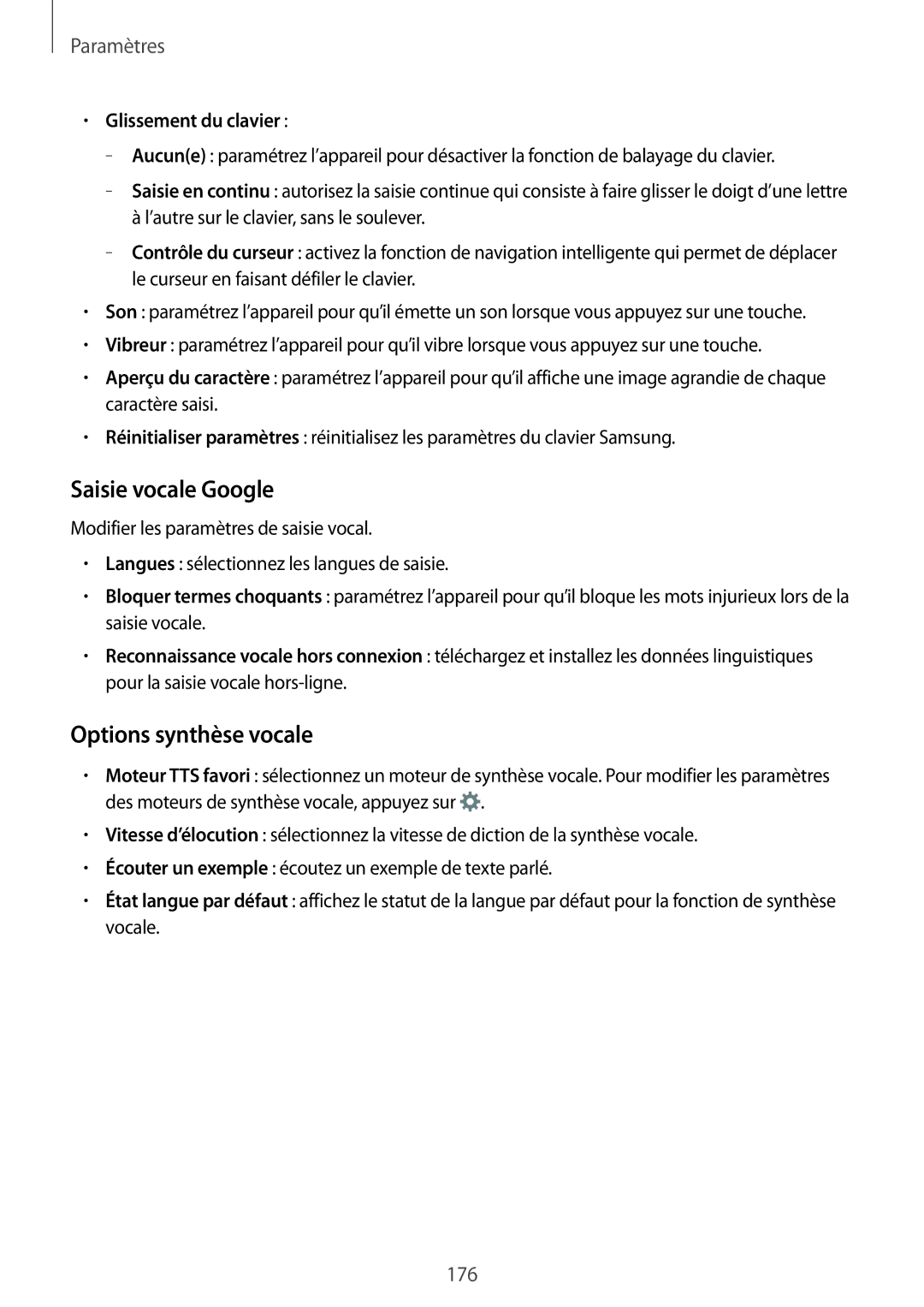 Samsung SM2G900FZKAGBL, SM-G900FZWABOG, SM-G900FZKABOG Saisie vocale Google, Options synthèse vocale, Glissement du clavier 
