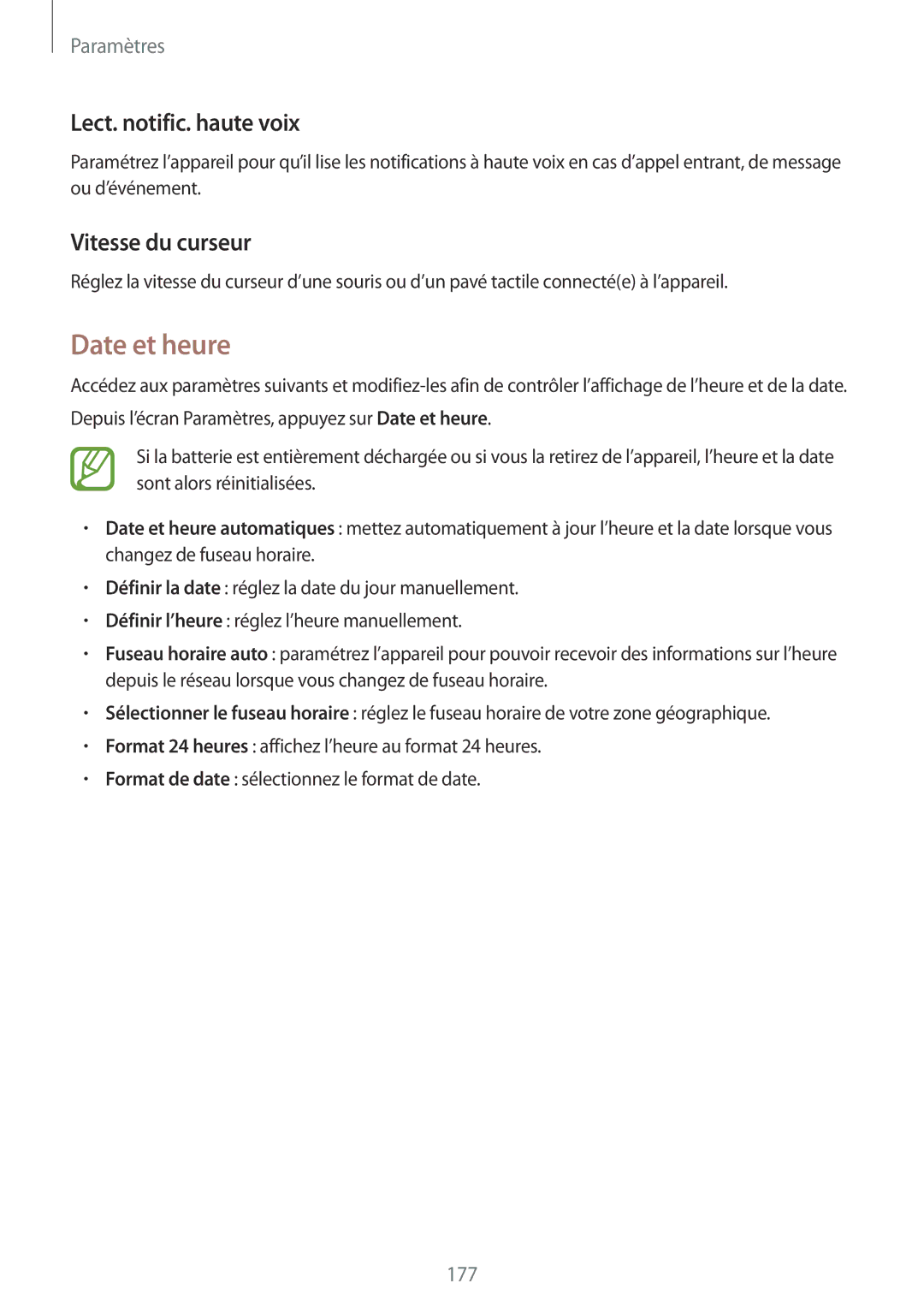 Samsung SM-G900FZWAMTL, SM-G900FZWABOG, SM-G900FZKABOG manual Date et heure, Lect. notific. haute voix, Vitesse du curseur 