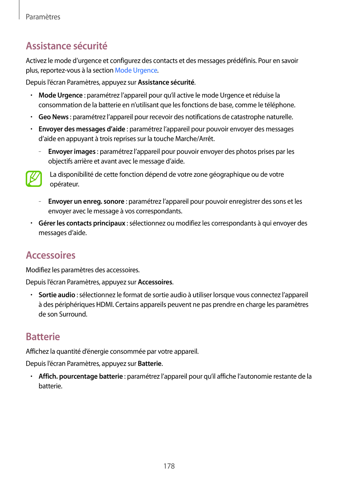 Samsung SM-G900FZKAVVT, SM-G900FZWABOG, SM-G900FZKABOG, SM-G900FZBAXEF manual Assistance sécurité, Accessoires, Batterie 