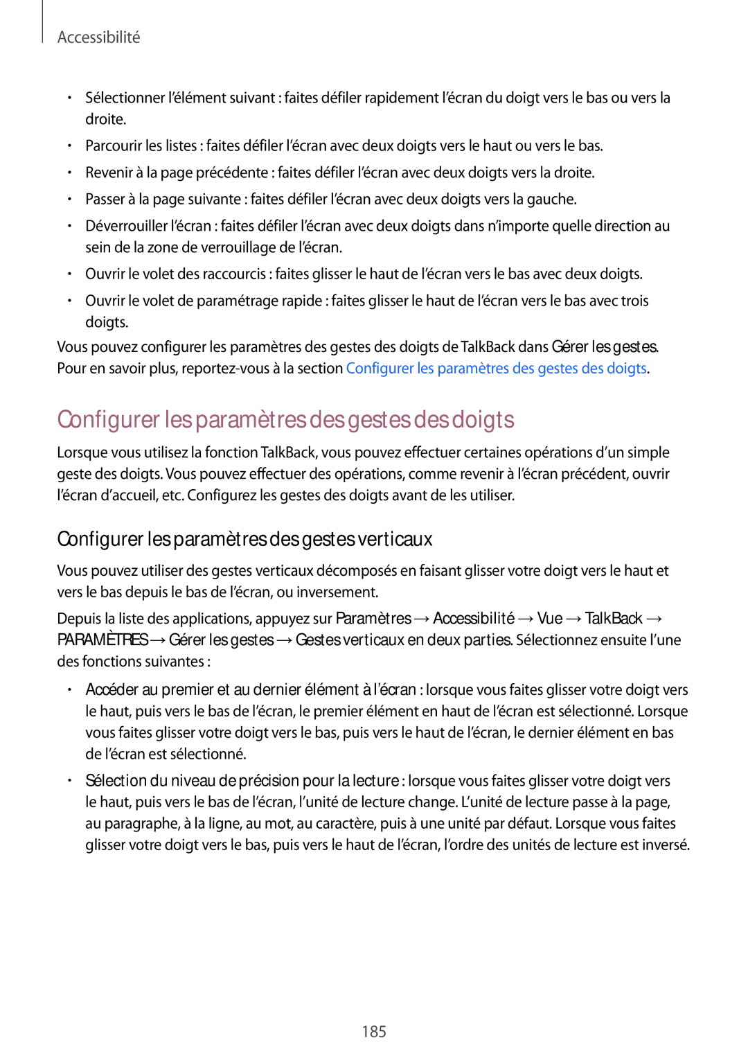Samsung SM2G900FZBABGL Configurer les paramètres des gestes des doigts, Configurer les paramètres des gestes verticaux 
