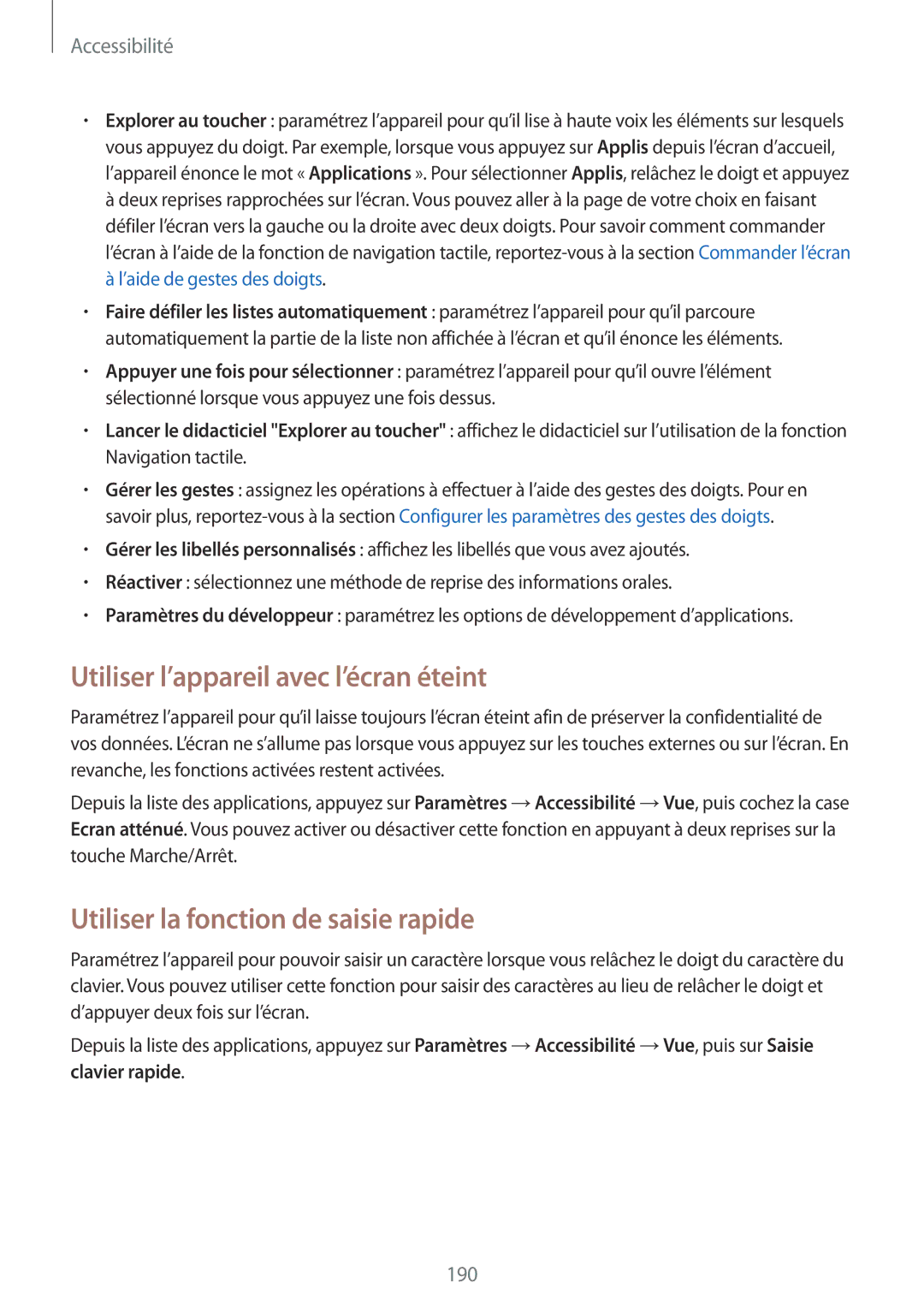 Samsung SM-G900FZWAVVT, SM-G900FZWABOG manual Utiliser l’appareil avec l’écran éteint, Utiliser la fonction de saisie rapide 