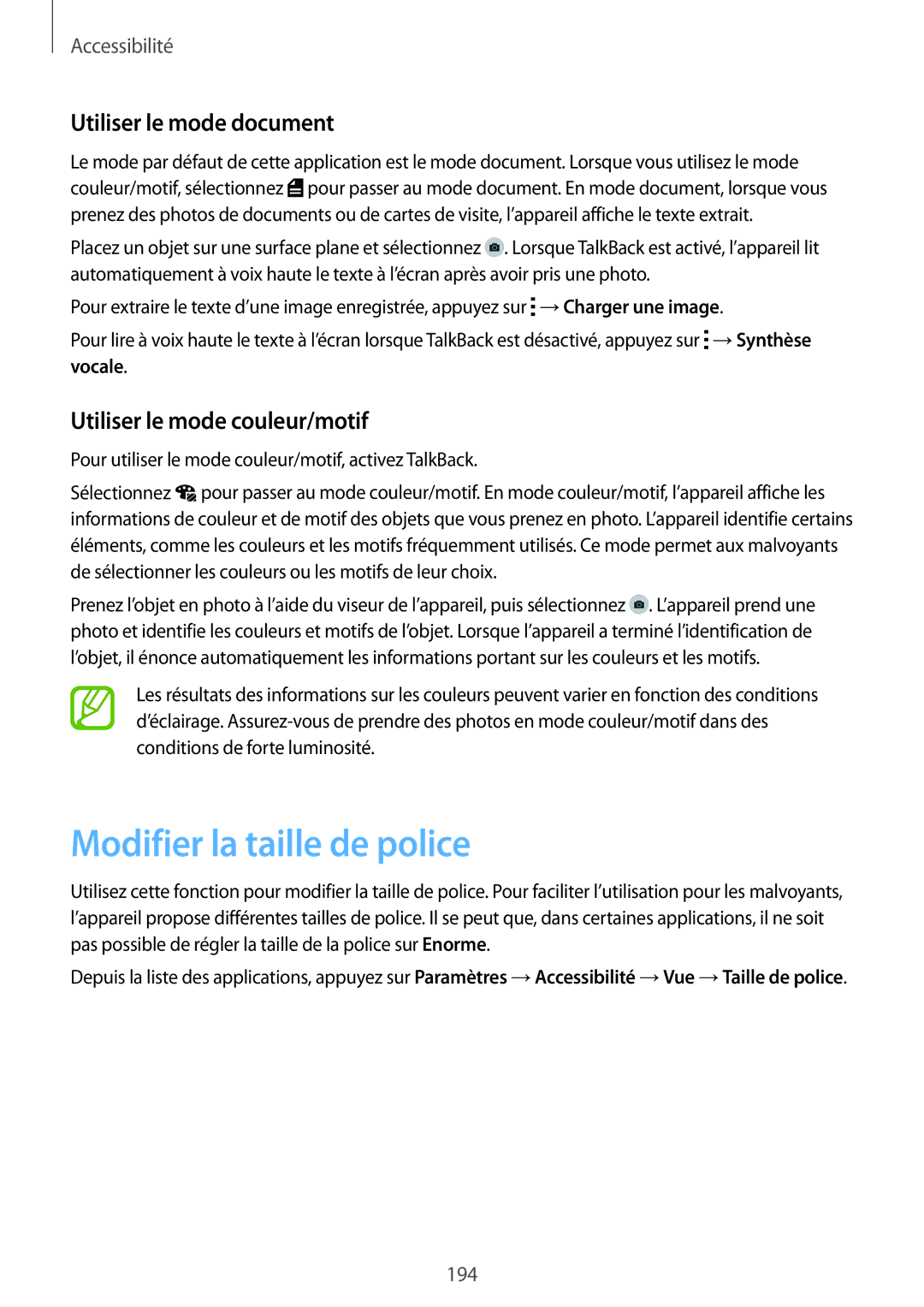 Samsung SM-G900FZBAXEF manual Modifier la taille de police, Utiliser le mode document, Utiliser le mode couleur/motif 