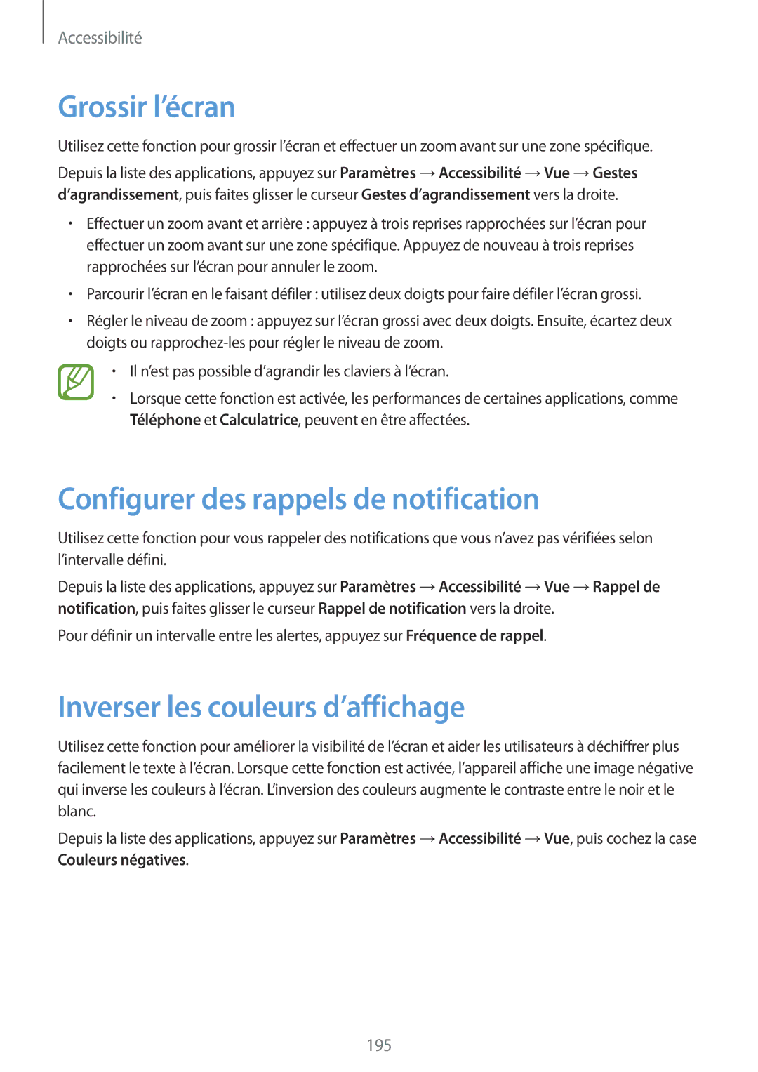 Samsung SM-G900FZKAFTM manual Grossir l’écran, Configurer des rappels de notification, Inverser les couleurs d’affichage 