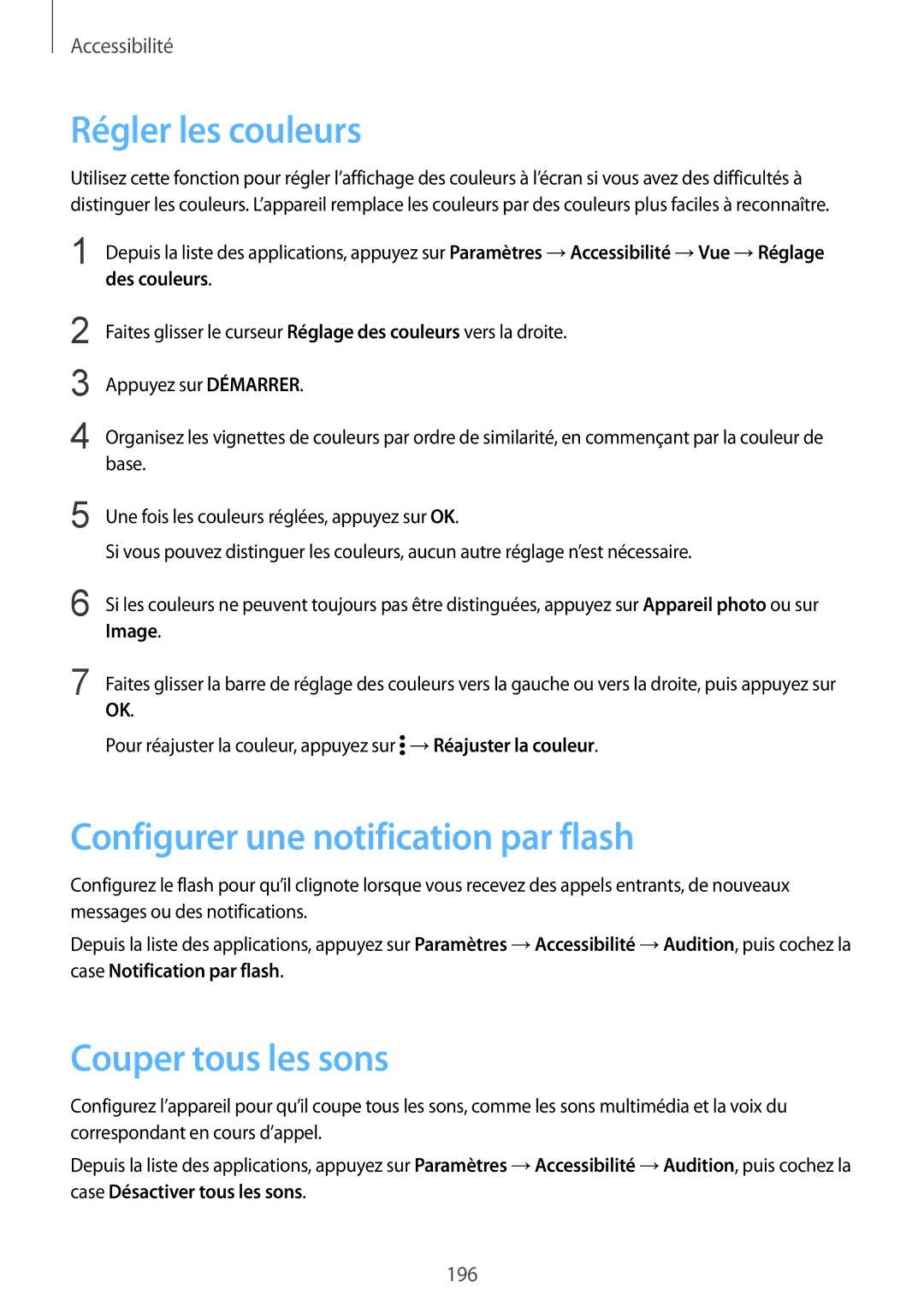 Samsung SM-G900FZDAFTM, SM-G900FZWABOG Régler les couleurs, Configurer une notification par flash, Couper tous les sons 