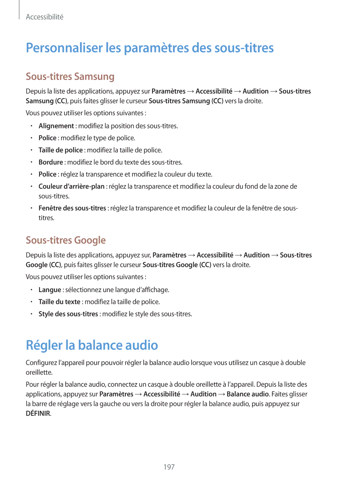 Samsung SM-G900FZBASFR manual Personnaliser les paramètres des sous-titres, Régler la balance audio, Sous-titres Samsung 