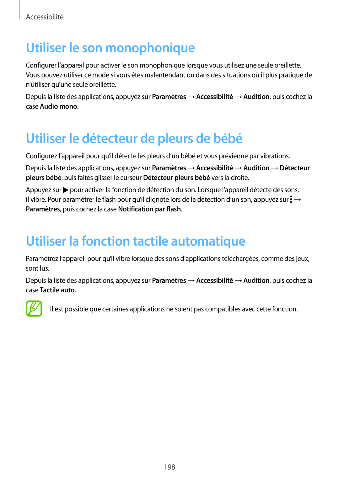 Samsung SM-G900FZWAXEF, SM-G900FZWABOG manual Utiliser le son monophonique, Utiliser le détecteur de pleurs de bébé 