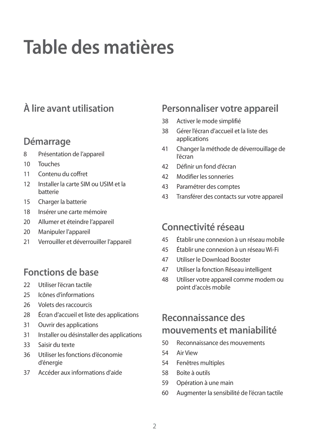 Samsung SM-G900FZBAXEF, SM-G900FZWABOG, SM-G900FZKABOG, SM-G900FZKAFTM Table des matières, Lire avant utilisation Démarrage 