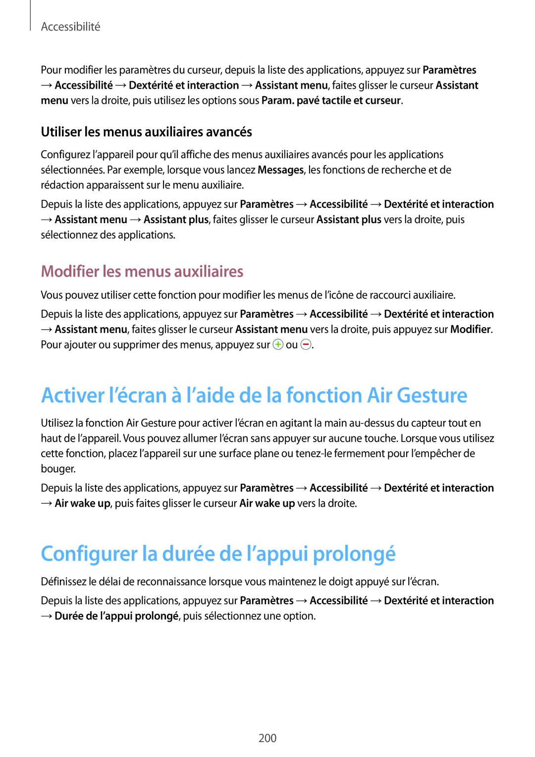Samsung SM-G900FZDASFR, SM-G900FZWABOG manual Configurer la durée de l’appui prolongé, Modifier les menus auxiliaires 