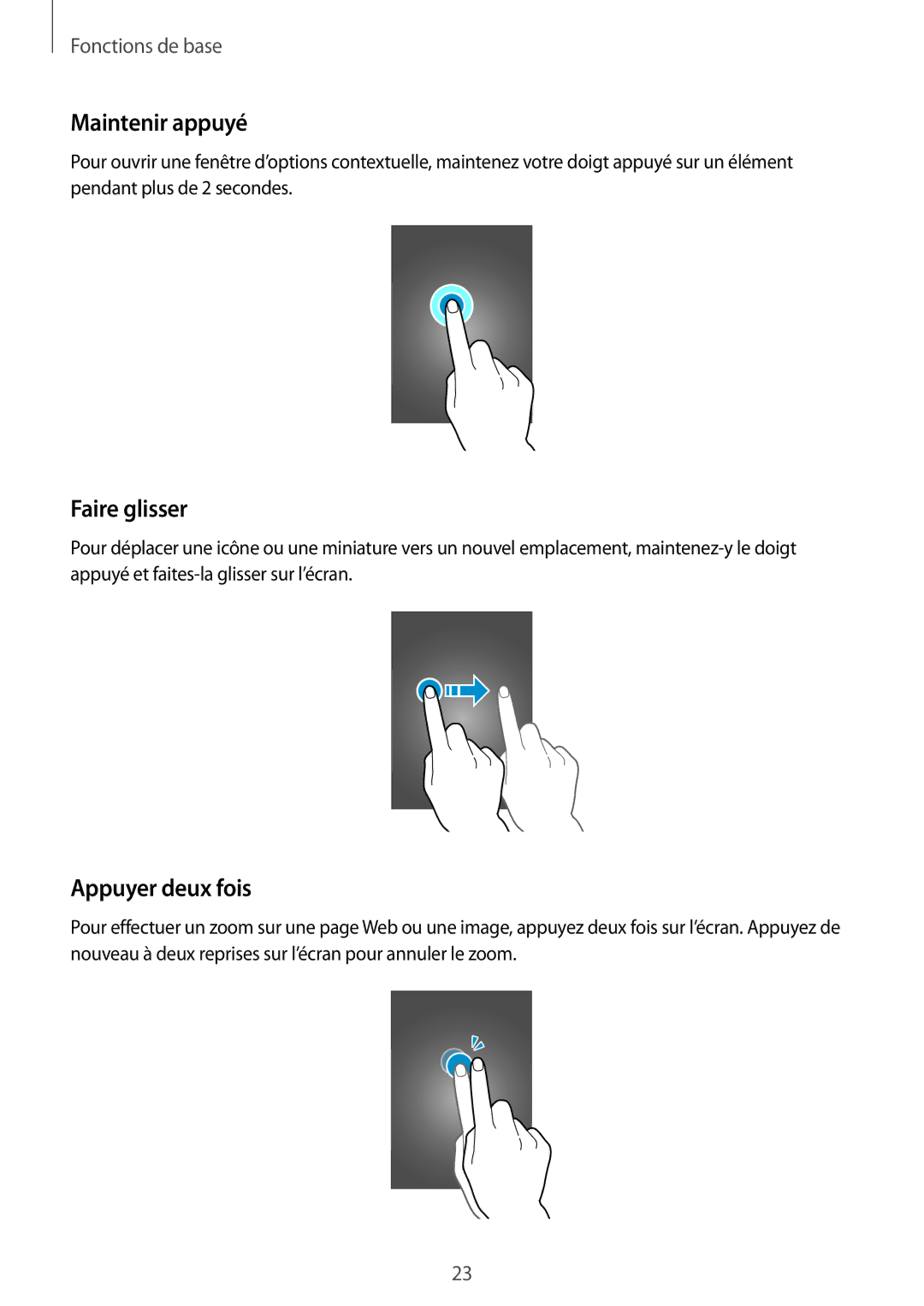 Samsung SM2G900FZKABGL, SM-G900FZWABOG, SM-G900FZKABOG, SM-G900FZBAXEF Maintenir appuyé, Faire glisser, Appuyer deux fois 